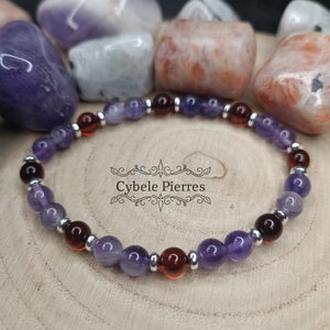 Bracelet Galatée : Ambre et Améthyste (6mm) - 18cm - Cybele Pierres