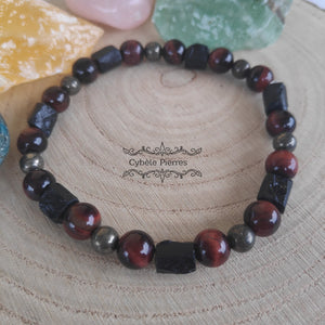 Bracelet Homme "Asclépios" - Tourmaline, Oeil de taureau et Pyrite (8 et 6mm) - 18cm - Cybele Pierres