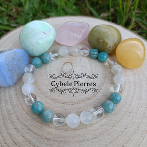 Bracelet Homme Bonheur - Amazonite, Cristal de roche et Pierre de lune blanche (8mm) - 19cm - Cybele Pierres