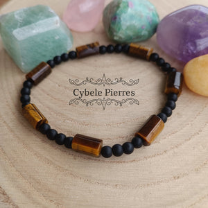 Bracelet Homme "Confiance" - Oeil de tigre & Onyx (4 et 10mm) - 19cm - Cybele Pierres