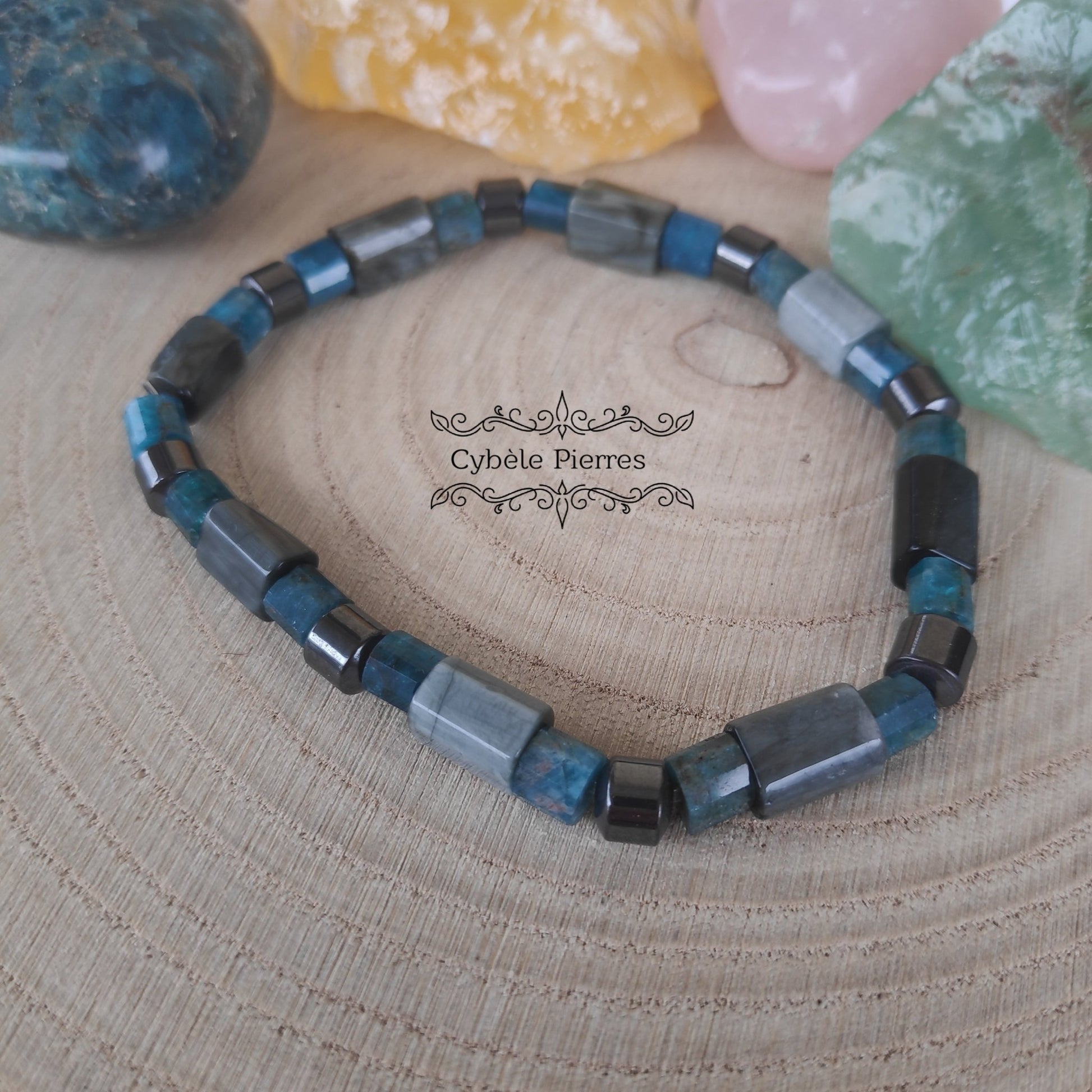 Bracelet Homme Exploration - Oeil de faucon et Apatite bleue (6 et 10mm) - 20cm - Cybele Pierres