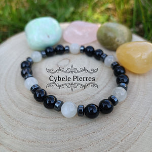Bracelet Homme Initiative - Hyperstène et Pierre de Lune blanche (8mm) - 19cm - Cybele Pierres