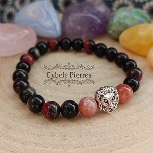 Bracelet Homme Super Force - Obsidienne dorée, Pierre de soleil et Oeil de taureau (8mm) - 19cm - Cybele Pierres