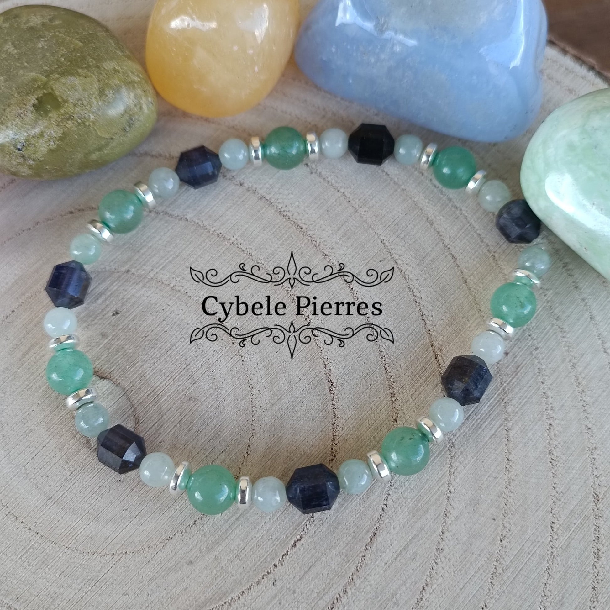 Bracelet Initiation - Iolite (Cordiérite), Jade verte et Aventurine verte (3mm et 6mm) - 18cm - Cybele Pierres
