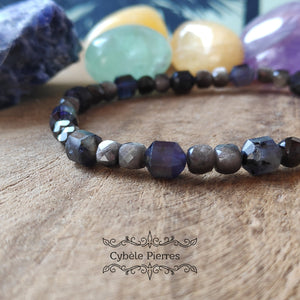 Bracelet Iolite (Cordiérite) et Obsidienne argentée facettée (6mm) - 18cm - Cybele Pierres