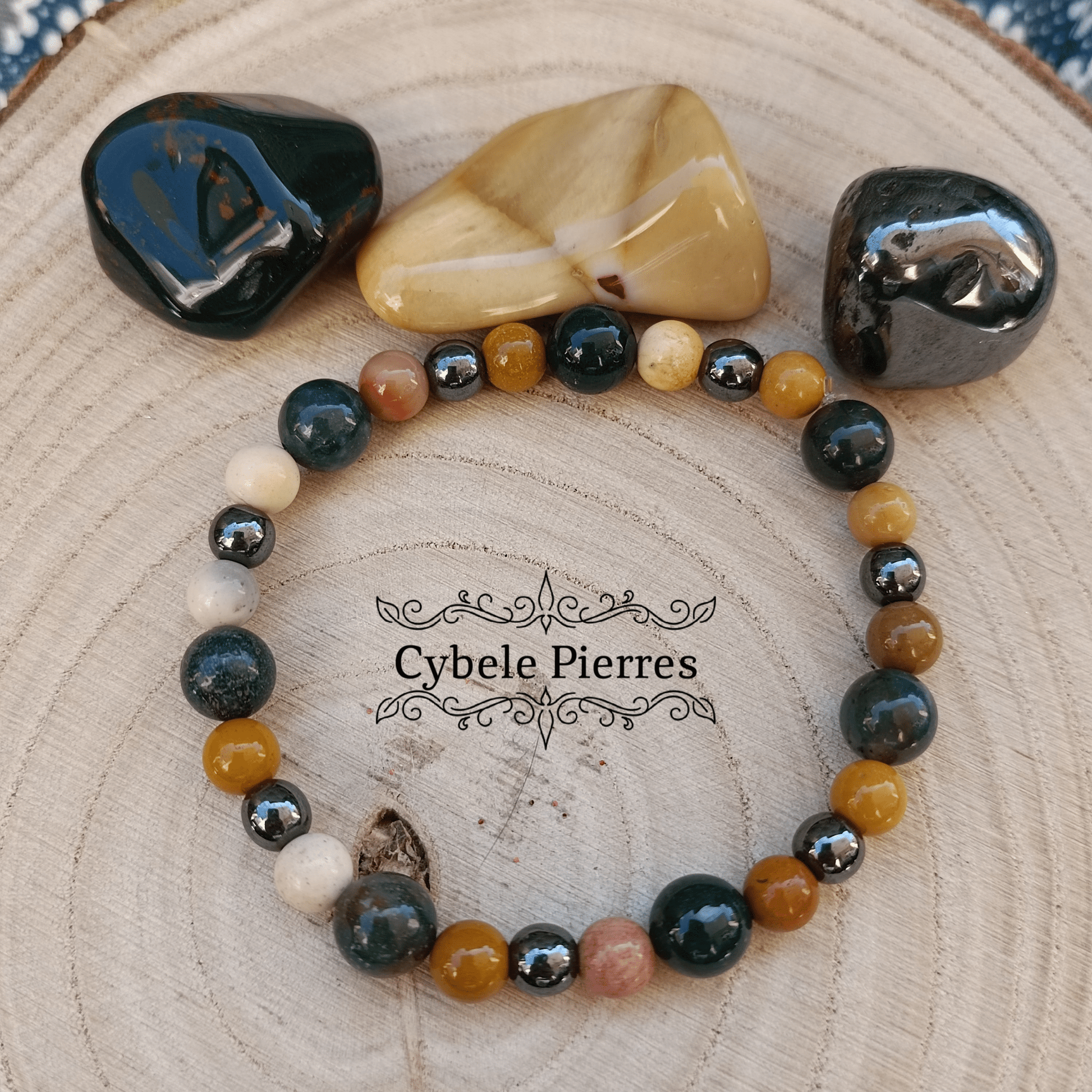 Bracelet "Je Garde les pieds sur Terre/Ancrage" - Jaspe Mookaite, Héliotrope et Hématite (6 et 8mm) - 18cm - Cybele Pierres