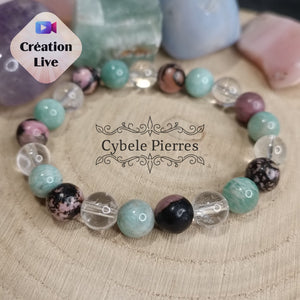 Bracelet Lagon Passion - Amazonite, Cristal de Roche et Rhodonite (8mm) - 17cm - Cybele Pierres