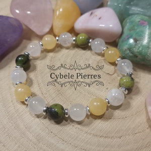 Bracelet Le Réveil - Opale verte, Labradorite blanche et Calcite orange - (8mm) - 16cm - Cybele Pierres