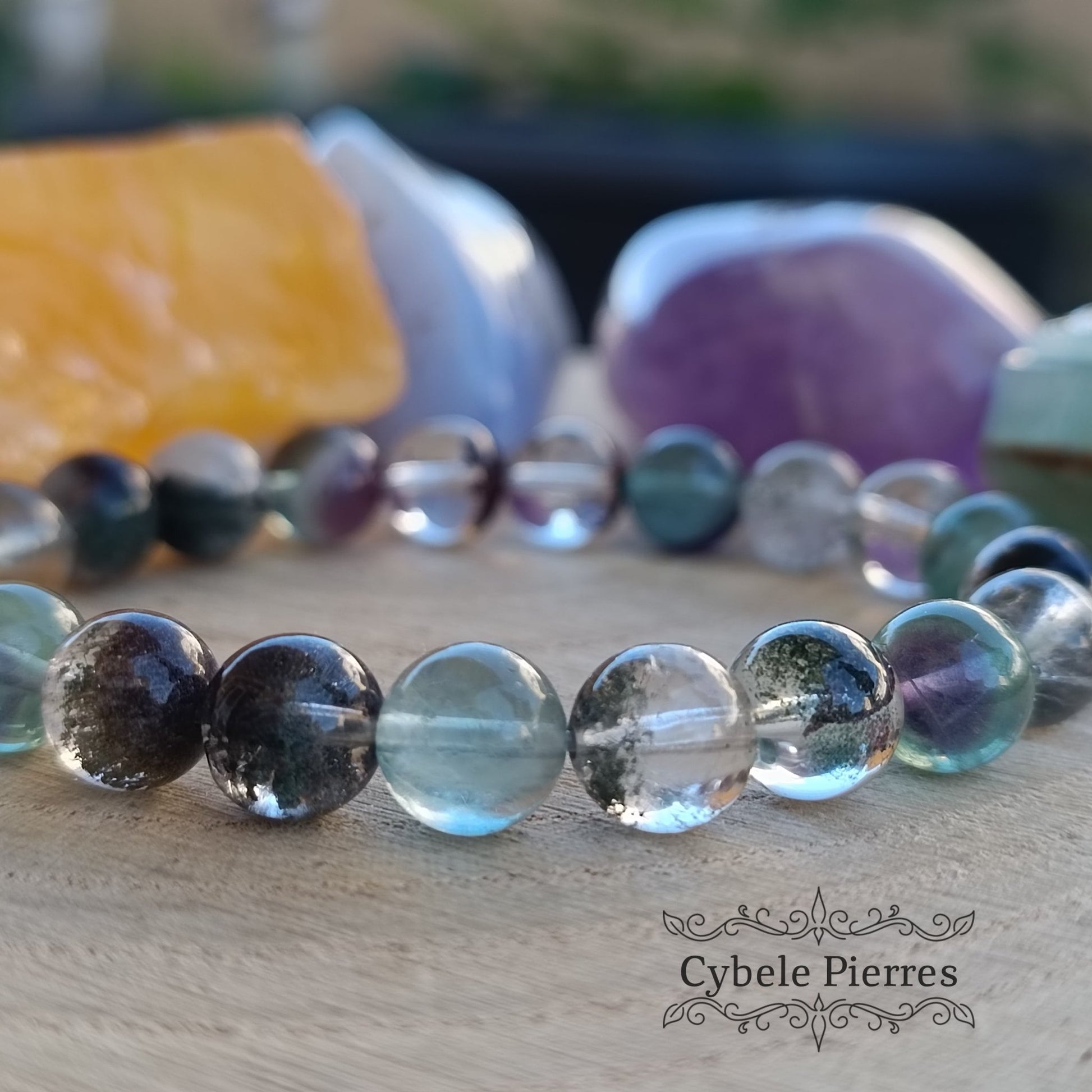 Bracelet "Libéré des peurs" - Fluorite Verte et Quartz Lodolite (8mm) - 17cm - Cybele Pierres