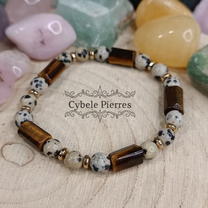 Bracelet Majesté - Jaspe Dalmatien et Oeil de tigre (10mm et 6mm) - 17cm - Cybele Pierres