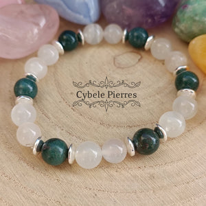 Bracelet Mélancolie - Jaspe sanguin (Héliotrope) et Pierre de Lune blanche (8mm) - 17cm - Cybele Pierres