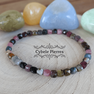 Bracelet Mélange de Tourmaline Rose et verte rutile (4mm carré facetté) - 17cm - Cybele Pierres