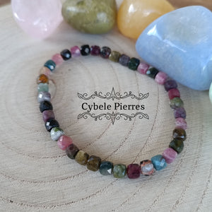 Bracelet Mélange de Tourmaline Rose et verte rutile (4mm carré facetté) - 17cm - Cybele Pierres