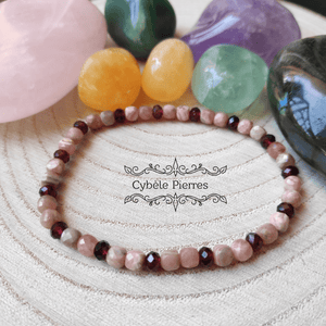 Bracelet Mémoire - Rhodochrosite et Grenat (4mm et 3mm) - 18cm - Cybele Pierres