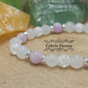 Bracelet Miracle - Cristal de roche craquelé, Péristérite et Kunzite (6mm) - 17cm - Cybele Pierres