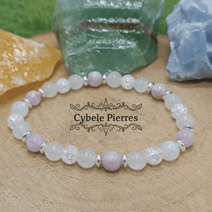 Bracelet Miracle - Cristal de roche craquelé, Péristérite et Kunzite (6mm) - 17cm - Cybele Pierres