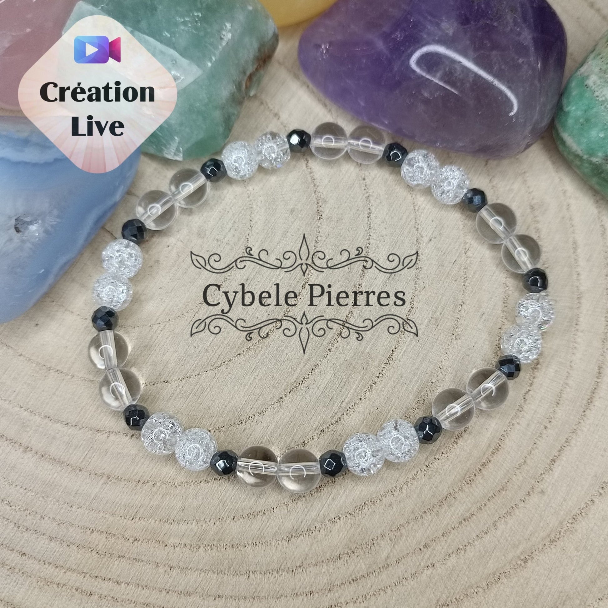 Bracelet "Neige" - Cristal de roche normal et craquelé (6mm) - 19cm - Cybele Pierres