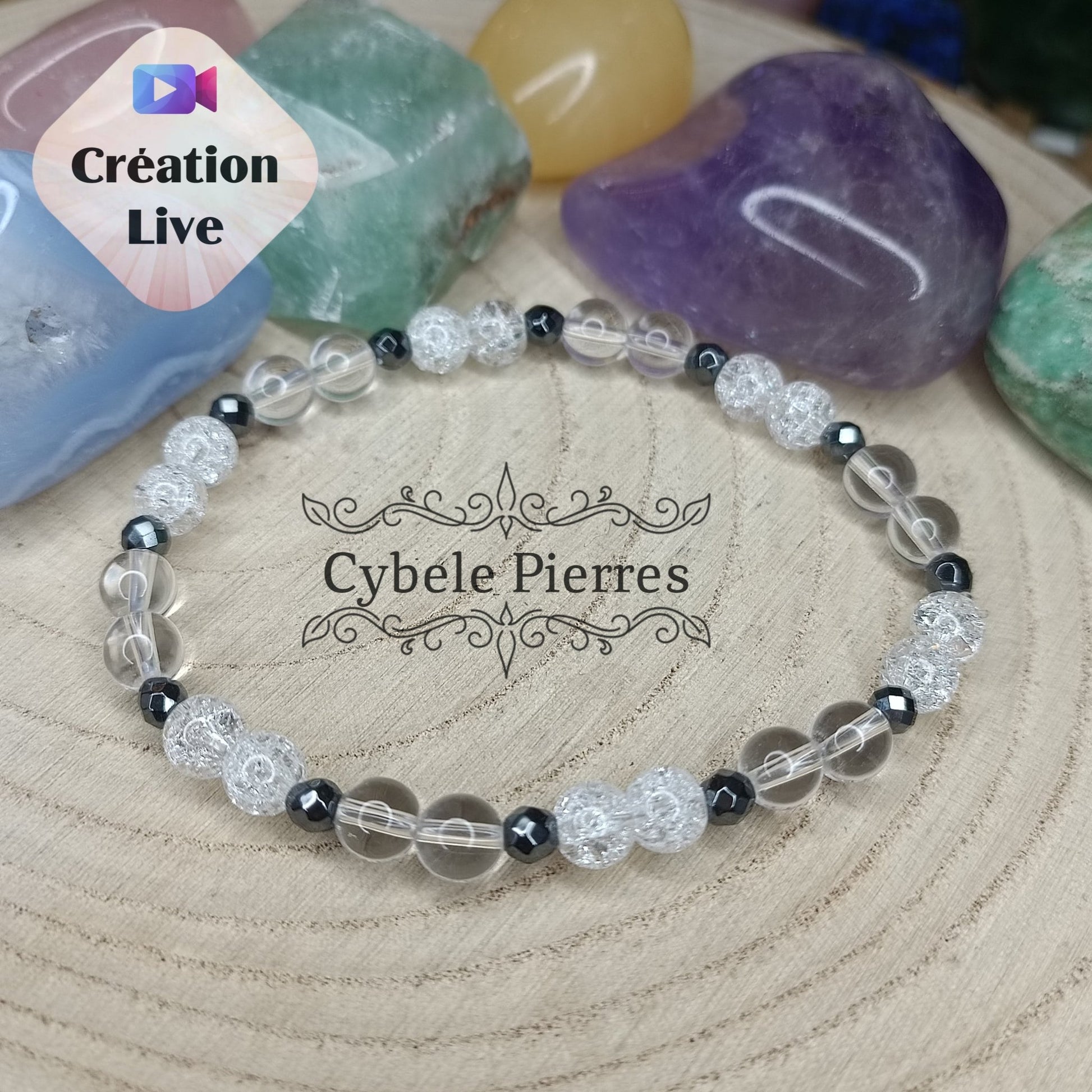 Bracelet "Neige" - Cristal de roche normal et craquelé (6mm) - 19cm - Cybele Pierres
