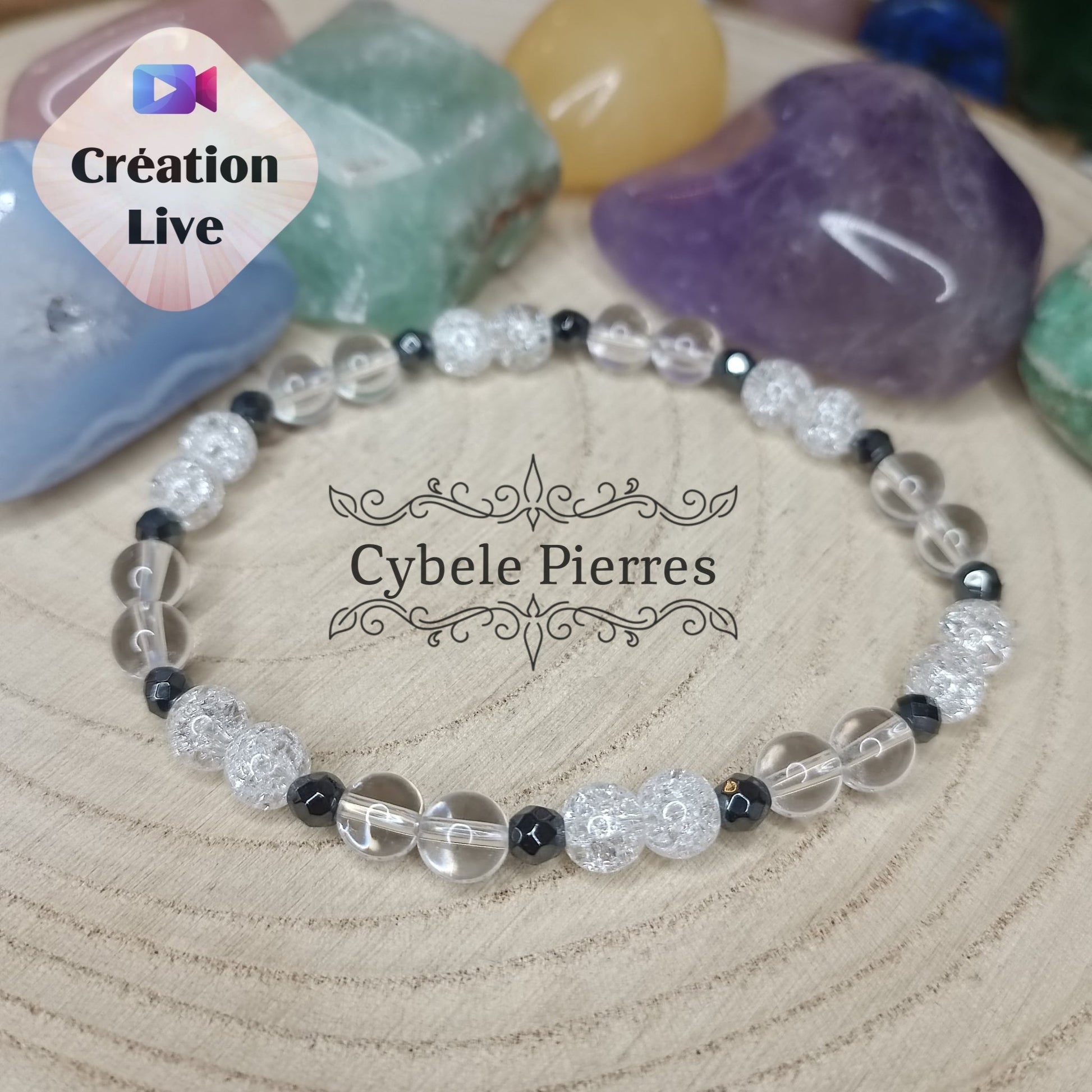 Bracelet "Neige" - Cristal de roche normal et craquelé (6mm) - 19cm - Cybele Pierres