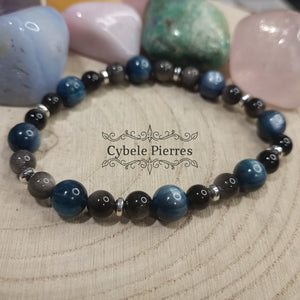 Bracelet Nocturne : Cyanite et Obsidienne argentée (6mm et 8mm) - 18cm - Cybele Pierres