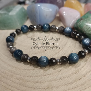 Bracelet Nocturne : Cyanite et Obsidienne argentée (6mm et 8mm) - 18cm - Cybele Pierres