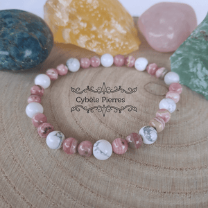 Bracelet On passe à autre chose ! - Rhodochrosite et Howlite (6mm) - 17cm - Cybele Pierres