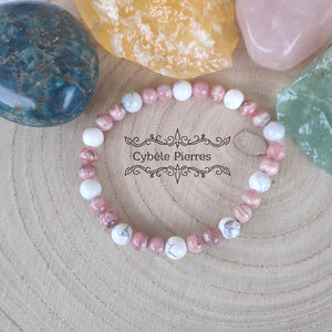 Bracelet On passe à autre chose ! - Rhodochrosite et Howlite (6mm) - 17cm - Cybele Pierres