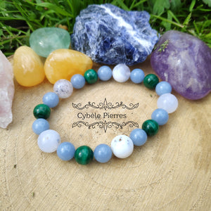 Bracelet - Opale laiteuse, Angélite et Malachite (10mm et 8mm) - 17cm - Cybele Pierres