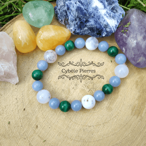 Bracelet - Opale laiteuse, Angélite et Malachite (10mm et 8mm) - 17cm - Cybele Pierres