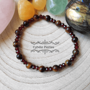 Bracelet Optimisme et Energie - Grenat et Oeil de tigre (3mm et 6mm) - 17cm - Cybele Pierres
