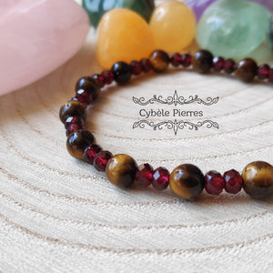 Bracelet Optimisme et Energie - Grenat et Oeil de tigre (3mm et 6mm) - 17cm - Cybele Pierres