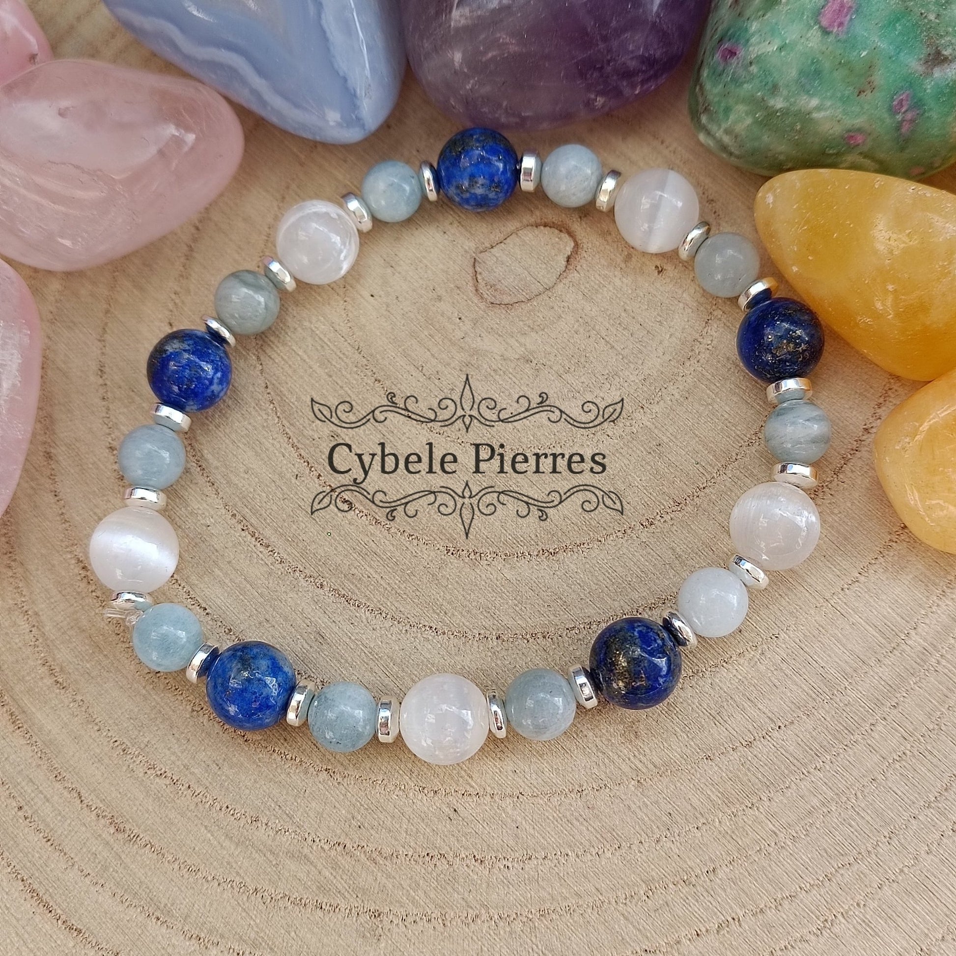 Bracelet Organisation Mentale - Aigue - marine, Lapis - Lazuli et Sélénite (6 et 8mm) - 18cm | Clarté et Concentration - Cybele Pierres