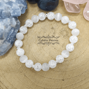 Bracelet Paisible - Sélénite et Cristal de roche craquelé (8mm) - 18cm - Cybele Pierres