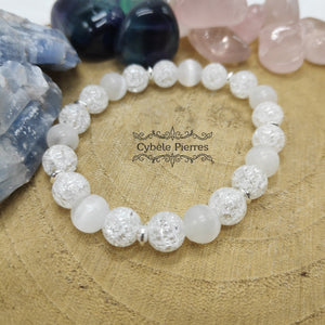 Bracelet Paisible - Sélénite et Cristal de roche craquelé (8mm) - 18cm - Cybele Pierres