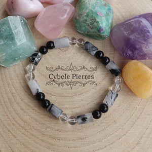 Bracelet Panda - Quartz Tourmaline et Cristal de Roche (6 et 10mm) - 18cm - Cybele Pierres