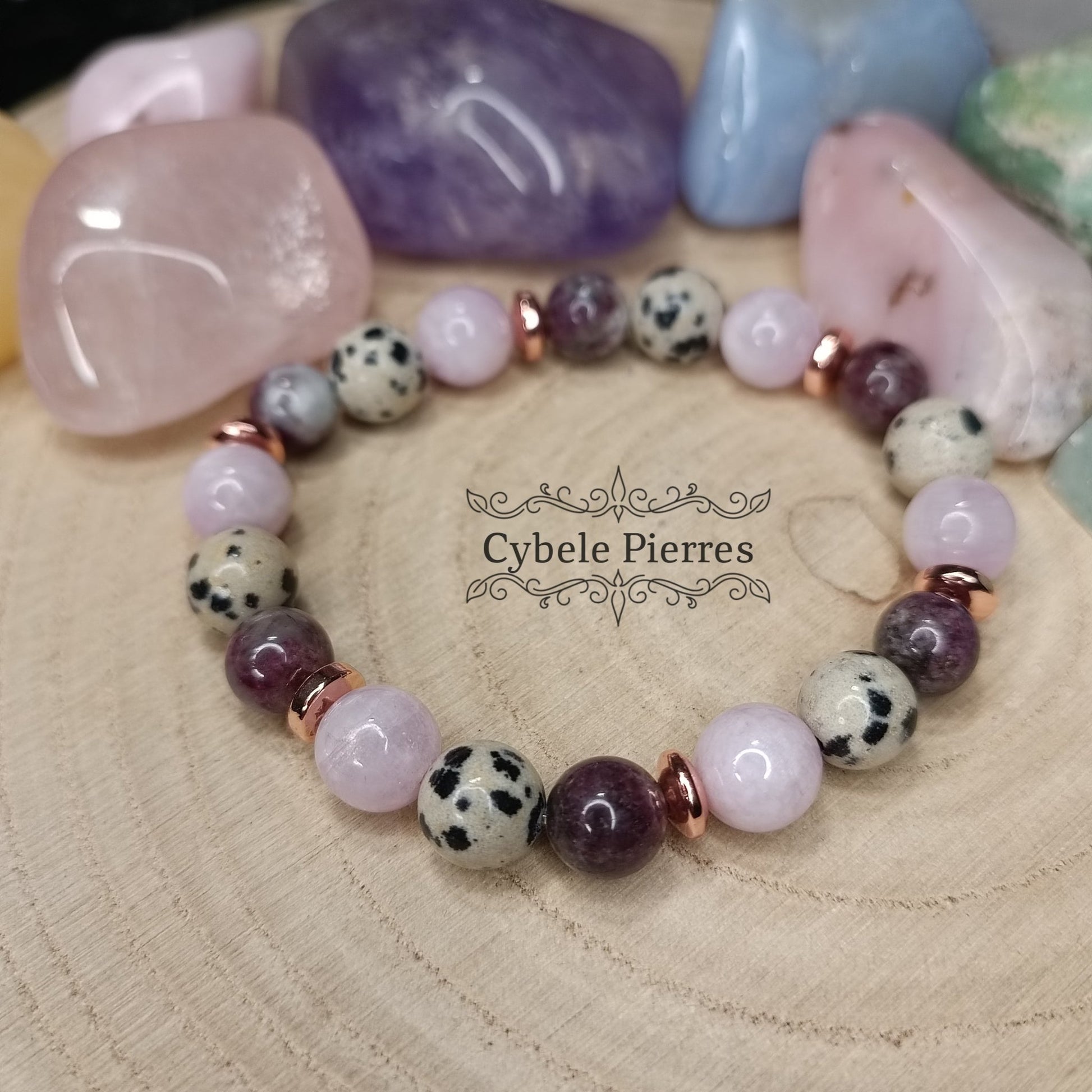 Bracelet Papesse - Jaspe Dalmatien, Rubellite et Kunzite (8mm et 7mm) - 17cm - Cybele Pierres
