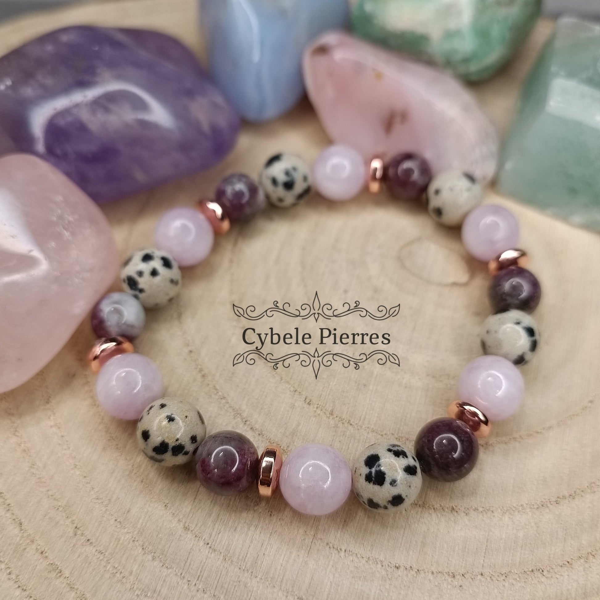 Bracelet Papesse - Jaspe Dalmatien, Rubellite et Kunzite (8mm et 7mm) - 17cm - Cybele Pierres