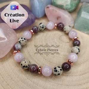 Bracelet Papesse - Jaspe Dalmatien, Rubellite et Kunzite (8mm et 7mm) - 17cm - Cybele Pierres