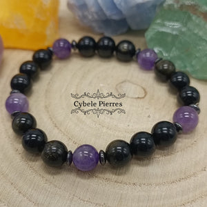 Bracelet Patience et changement - Obsidienne dorée et Améthyste (8mm) - 18cm - Cybele Pierres