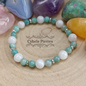 Bracelet Perception et Intuition - Pierre de lune blanche et Amazonite (8mm et 6mm) - 18cm - Cybele Pierres