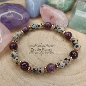 Bracelet Primula - Jaspe Dalmatien et Lépidolite (8mm et 6mm) - 18cm - Cybele Pierres