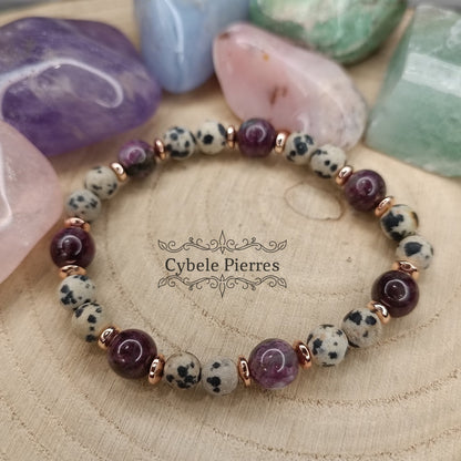 Bracelet Primula - Jaspe Dalmatien et Lépidolite (8mm et 6mm) - 18cm - Cybele Pierres