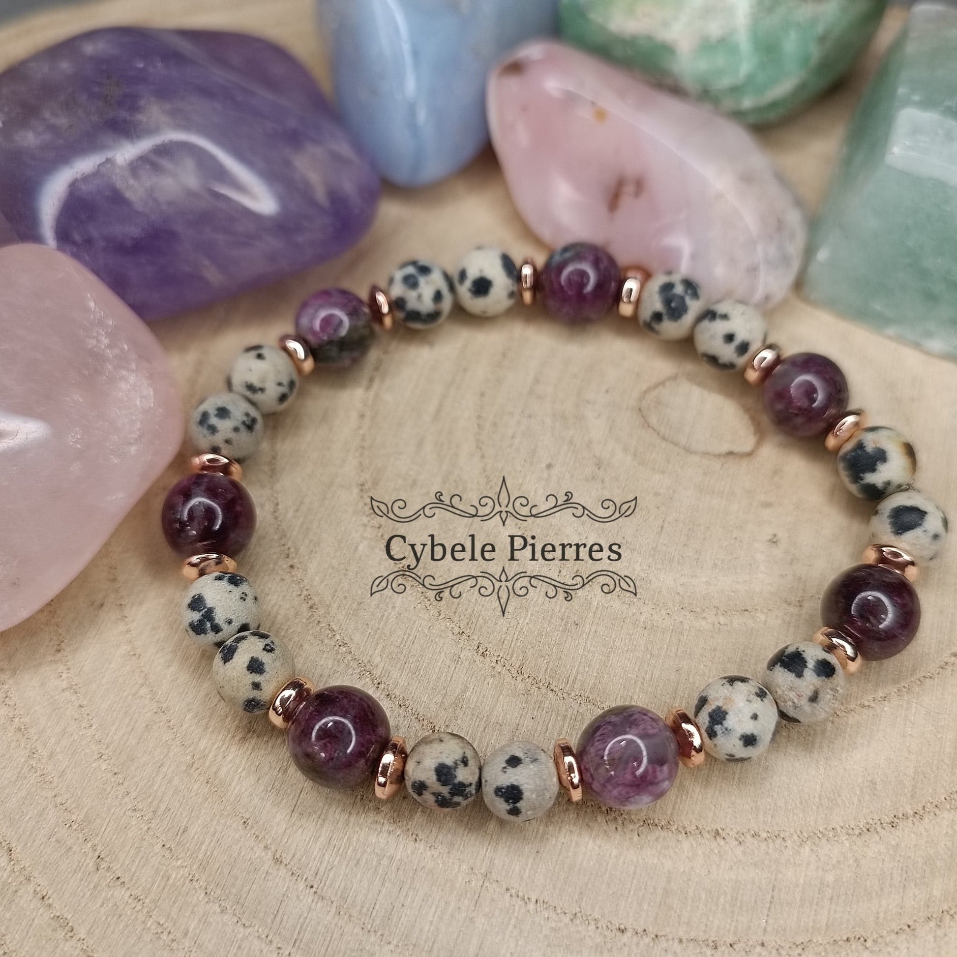 Bracelet Primula - Jaspe Dalmatien et Lépidolite (8mm et 6mm) - 18cm - Cybele Pierres