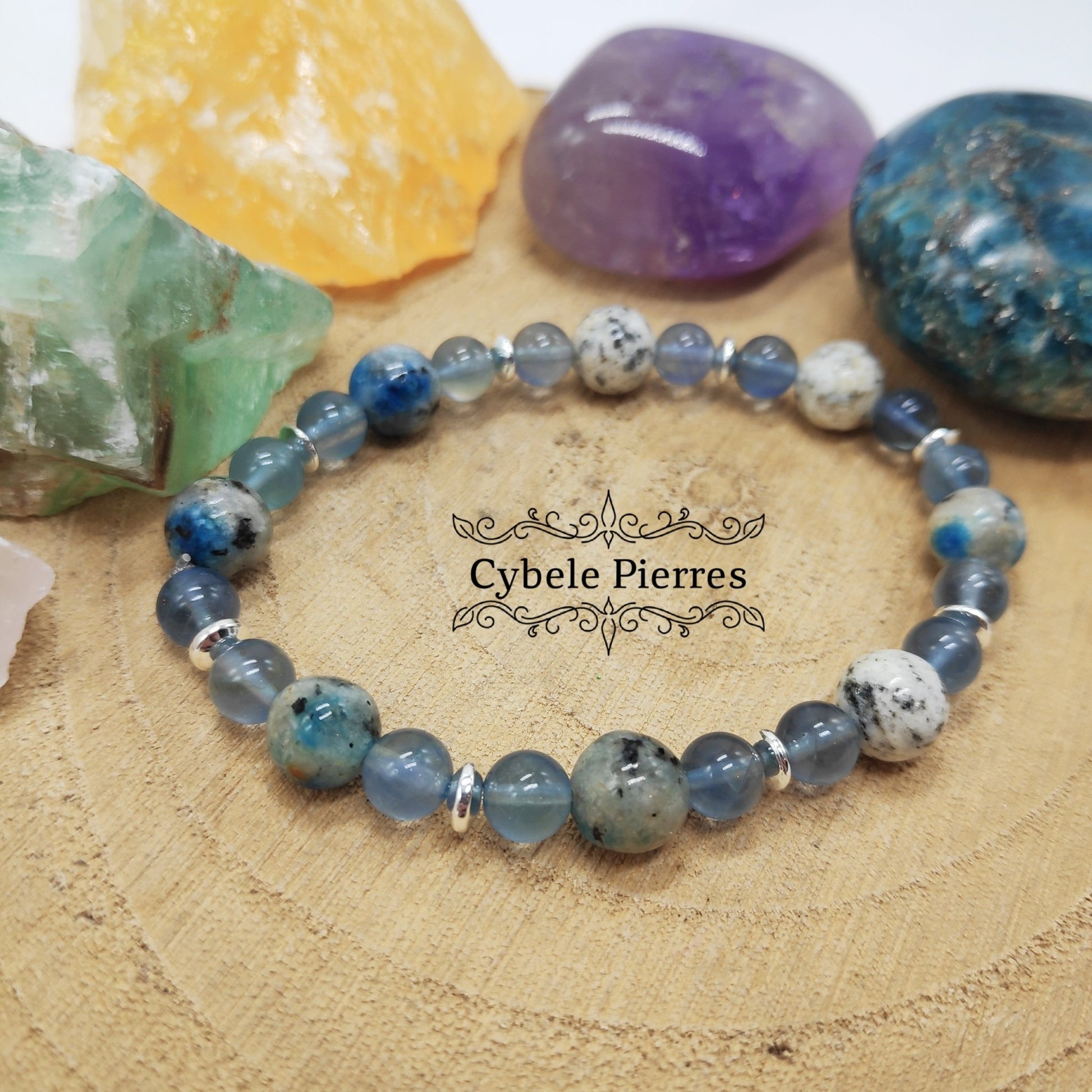 Bracelet Projets : Jaspe K2 et Fluorite bleue (6 et 8mm) - 17cm - Cybele Pierres
