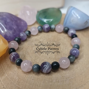 Bracelet Prouesse - Oeil de faucon, Améthyste et Quartz rose (6 et 8mm) - 17cm - Cybele Pierres