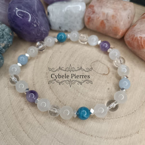 Bracelet Quiétude - Améthyste, Angélite, Pierre de Lune, Cristal de roche et Apatite bleue (6mm) - 17cm - Cybele Pierres