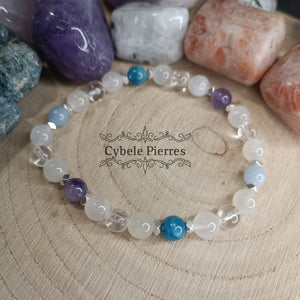Bracelet Quiétude - Améthyste, Angélite, Pierre de Lune, Cristal de roche et Apatite bleue (6mm) - 17cm - Cybele Pierres