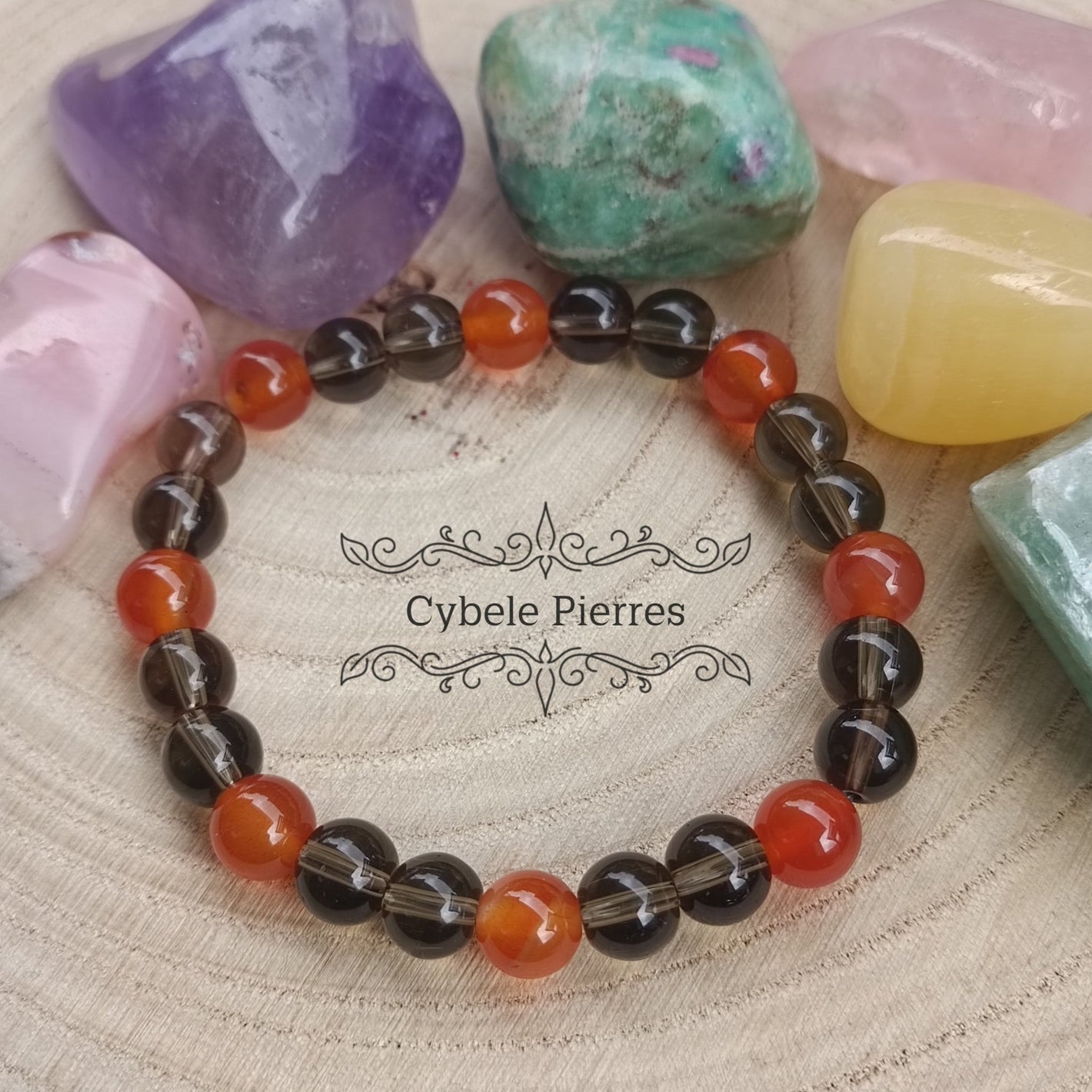 Bracelet Réalisation - Quartz fumé et Cornaline (8mm) - 18cm - Cybele Pierres