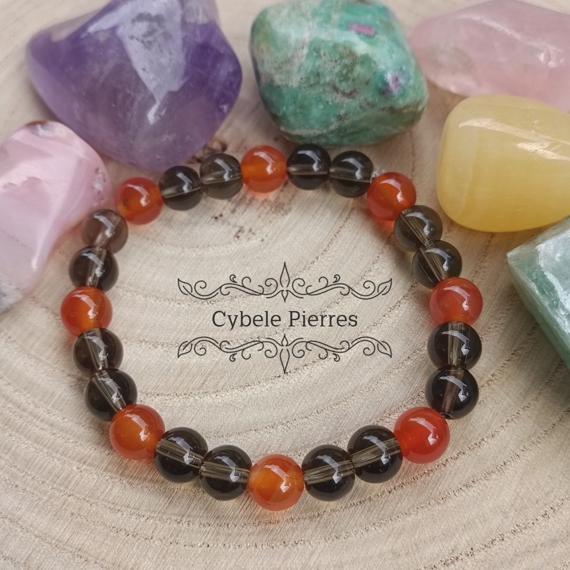 Bracelet Réalisation - Quartz fumé et Cornaline (8mm) - 18cm - Cybele Pierres