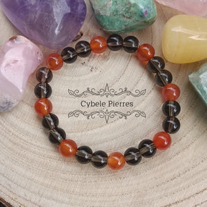 Bracelet Réalisation - Quartz fumé et Cornaline (8mm) - 18cm - Cybele Pierres